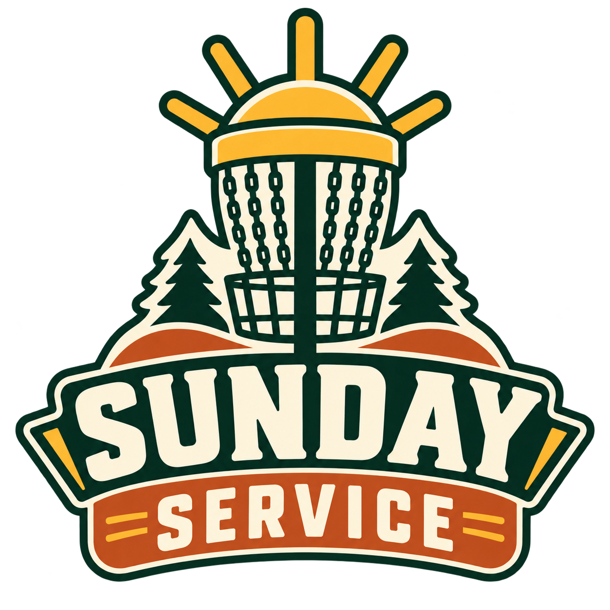 Sunday Service logo: a disc golf basket rising like a sun over pines