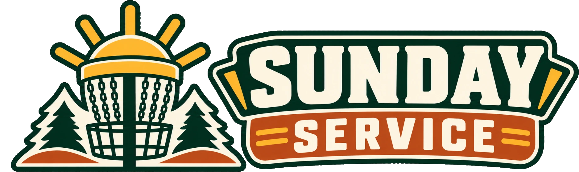 Sunday Service: a disc golf basket rising like a sun over pines, beside the Sunday Service wordmark